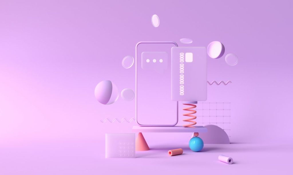 3D rendering payment via credit card concept. Secure online payment transaction with smartphone. Internet banking via credit card on mobile. geometric object floating background