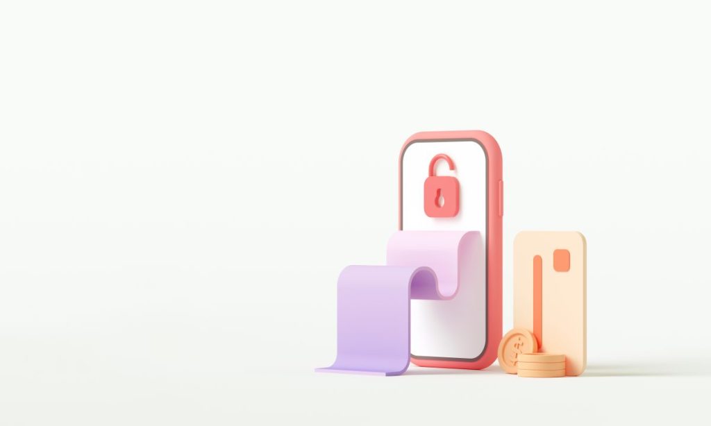 3D rendering payment via credit card concept. Secure online payment transaction with smartphone. Internet banking via credit card on mobile. object floating background.