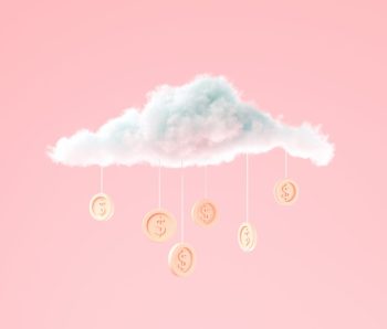 3D illustration Cloud with coins hanging for business and money saving concept, Minimal creative scene 3d render.