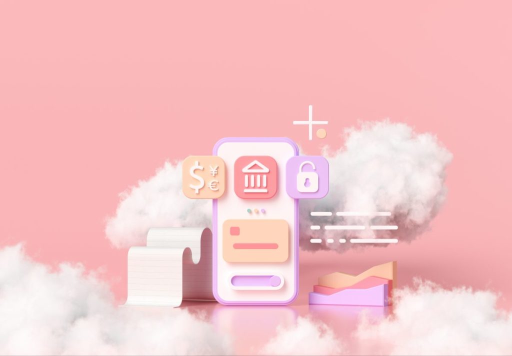 Cashless society, online mobile banking, and secure payment concept 3D cloud render illustration
