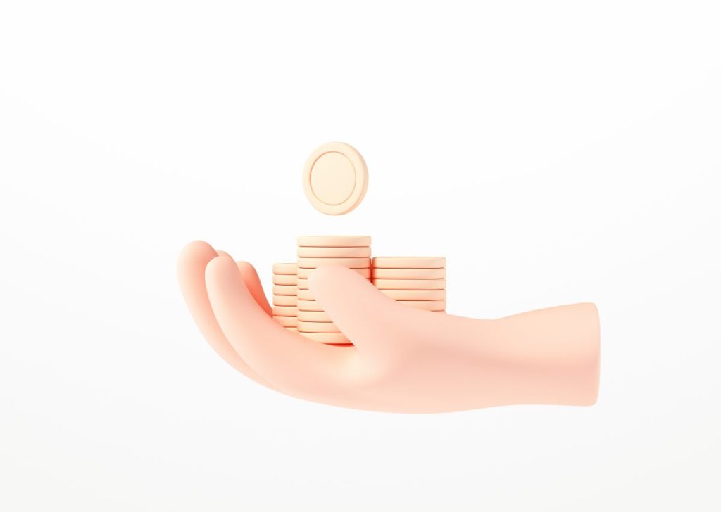 3D Hand holding coin stack on isolate white background, money-saving, online payment, and payment concept. 3d render illustration