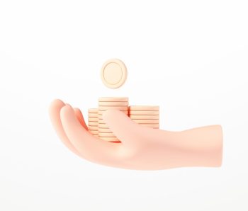 3D Hand holding coin stack on isolate white background, money-saving, online payment, and payment concept. 3d render illustration