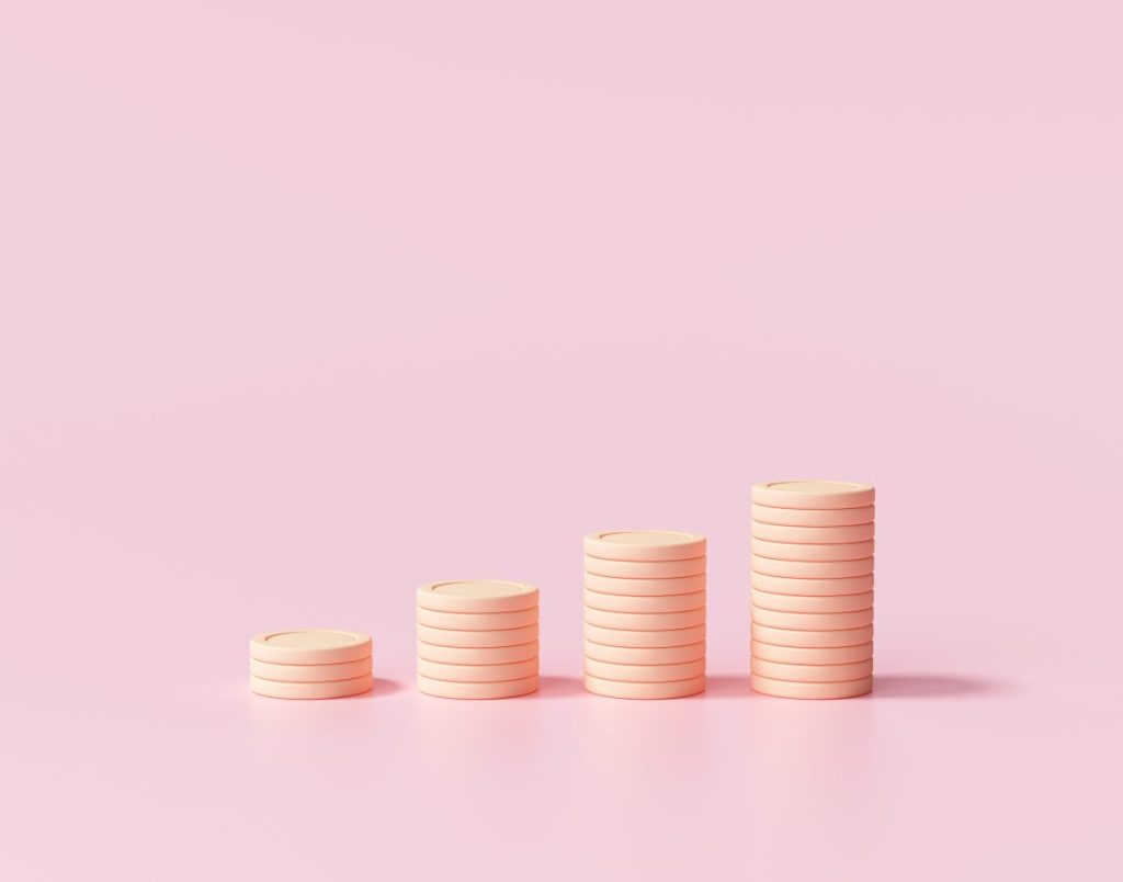 Minimal Coin stacks growing graph on pink background. Business investment and saving money concept. 3d render illustration