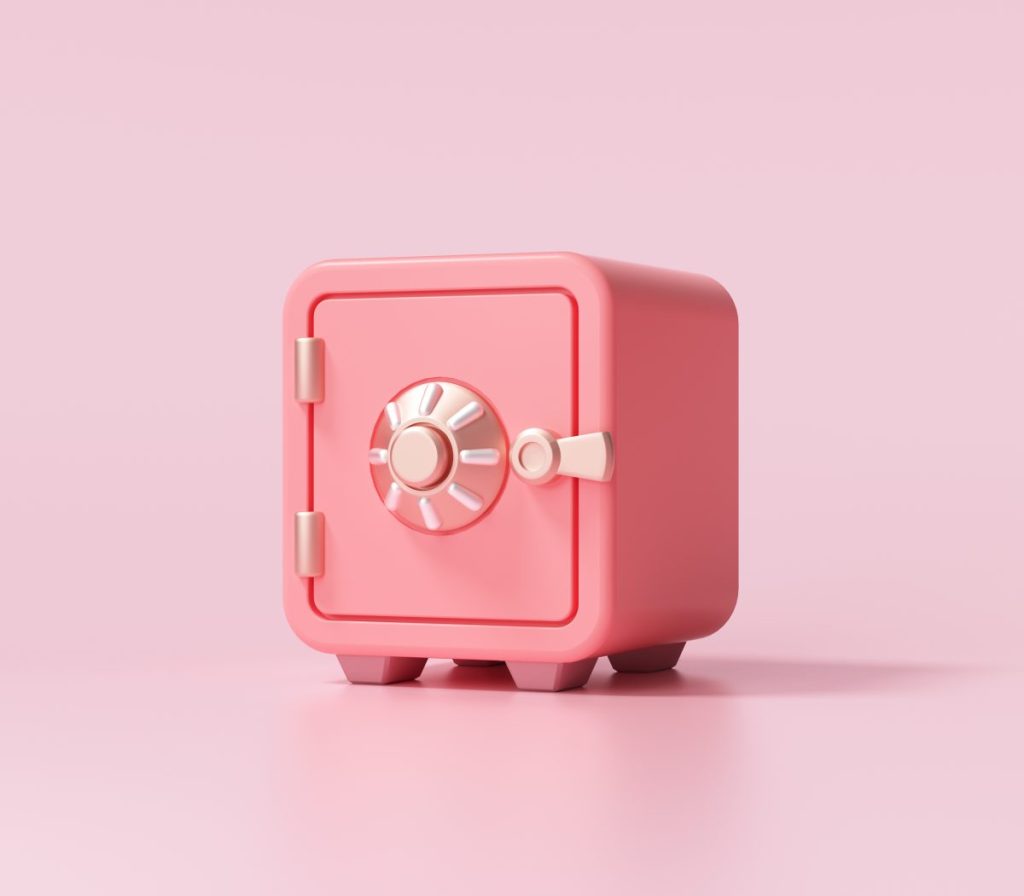 Red Safe box with gold coins stack font view on pink background. 3d render illustration