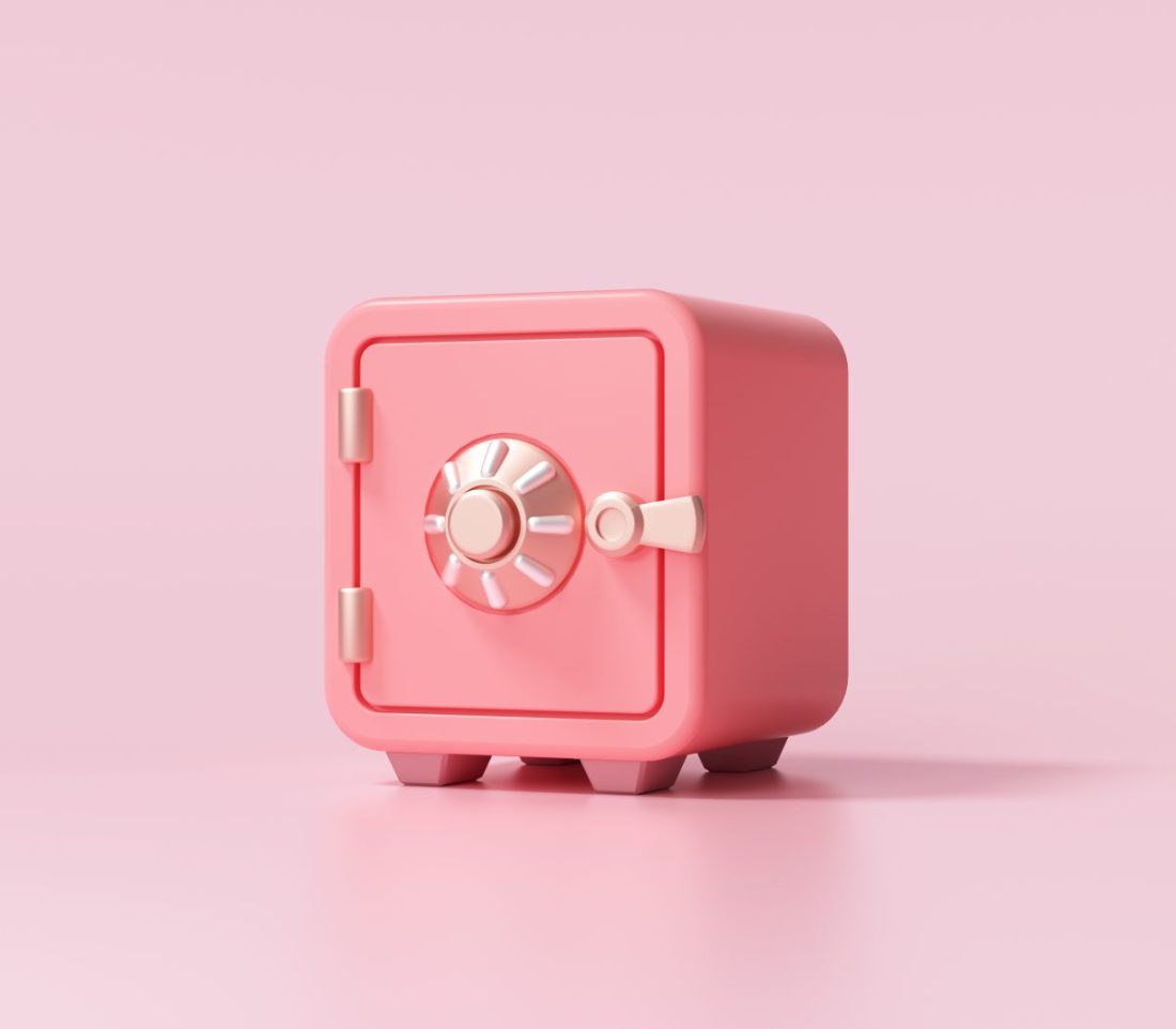 Red Safe box with gold coins stack font view on pink background. 3d render illustration