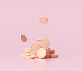 Stacks of coins cryptocurrency on pink background. 3d render illustration