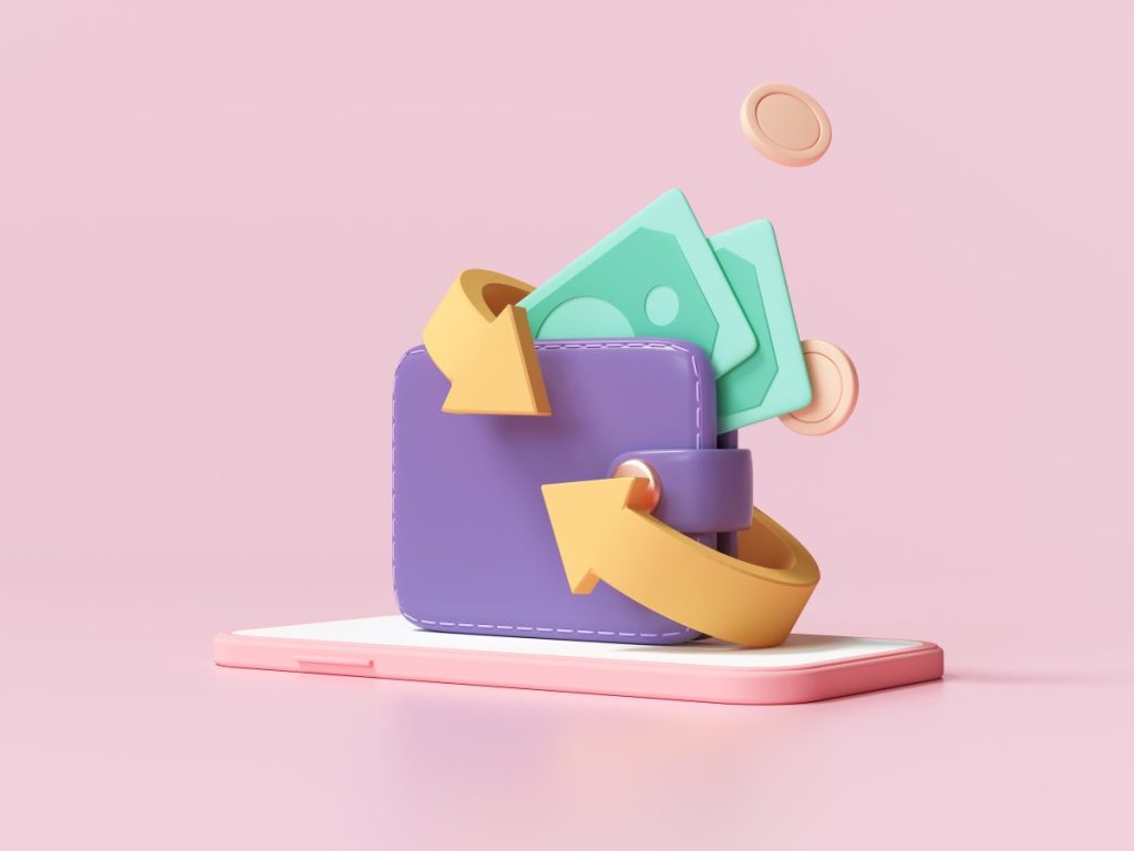 Cashback and money refund icon concept. Wallet, dollar bill and coin stack, online payment on pink background. 3d ender illustration