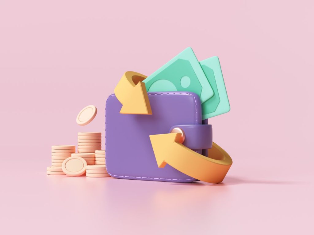 Cashback and money refund icon concept. Wallet, dollar bill and coin stack, online payment on pink background. 3d ender illustration