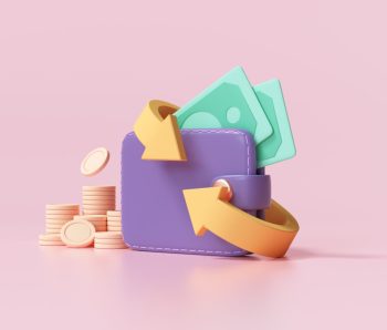 Cashback and money refund icon concept. Wallet, dollar bill and coin stack, online payment on pink background. 3d ender illustration