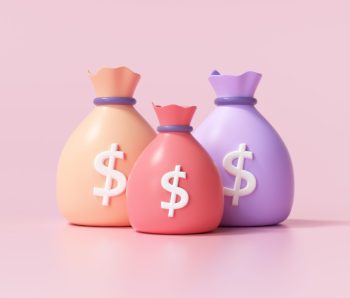 Money bags icon, money saving concept. Difference money bags on pink background. 3d render illustration
