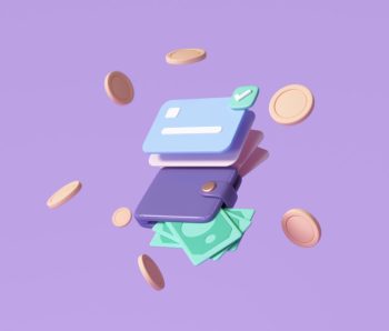 Credit card and banknotes, floating coins around on purple background. money-saving, cashless society concept. 3d render illustration