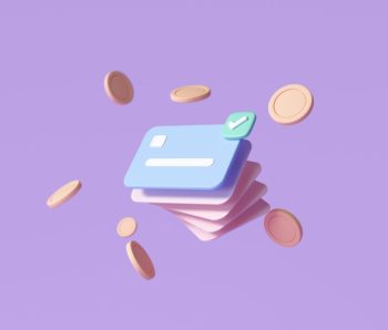 Credit card, floating coins around on purple background. money-saving, cashless society concept. 3d render illustration