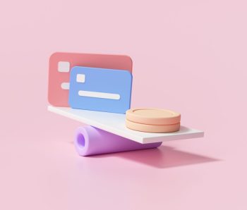 3D Minimal Coins stacks and credit card on weighing scales, financial management, financial analysis, money-saving and money exchange concept. 3d render illustration