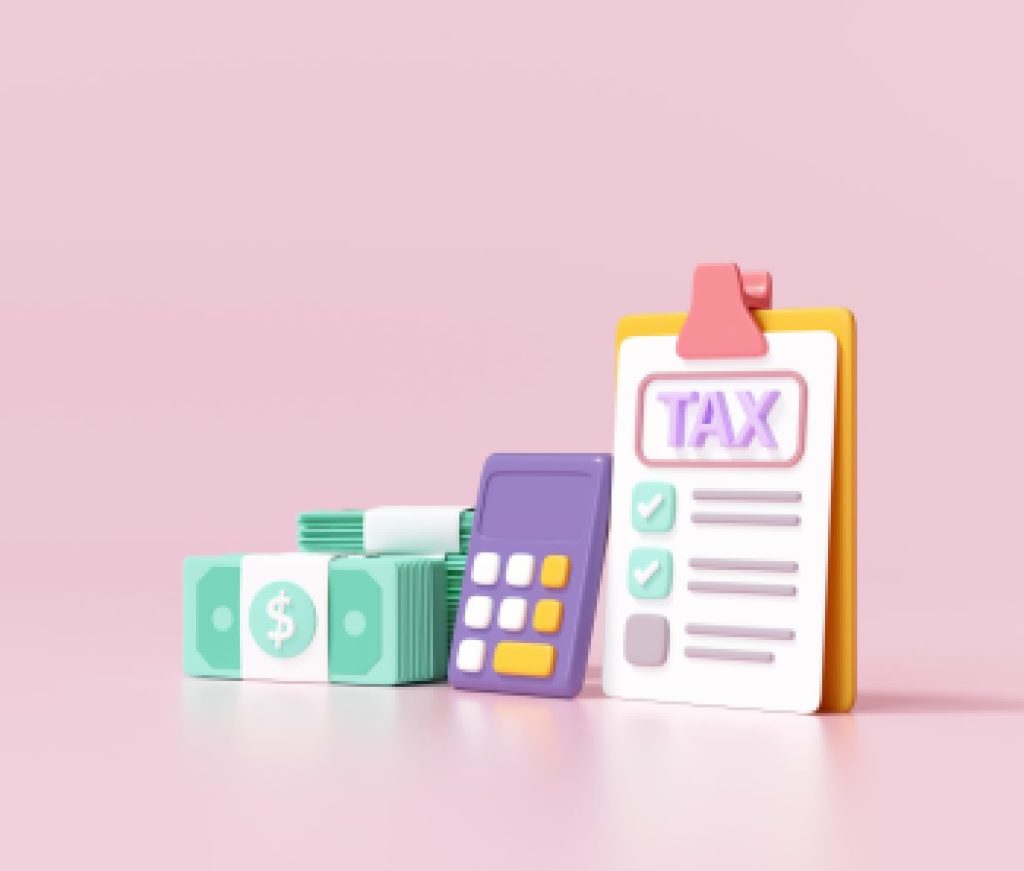 Tax payment and business tax concept. banknote, calculator and tax form on pink background. 3d render illustration
