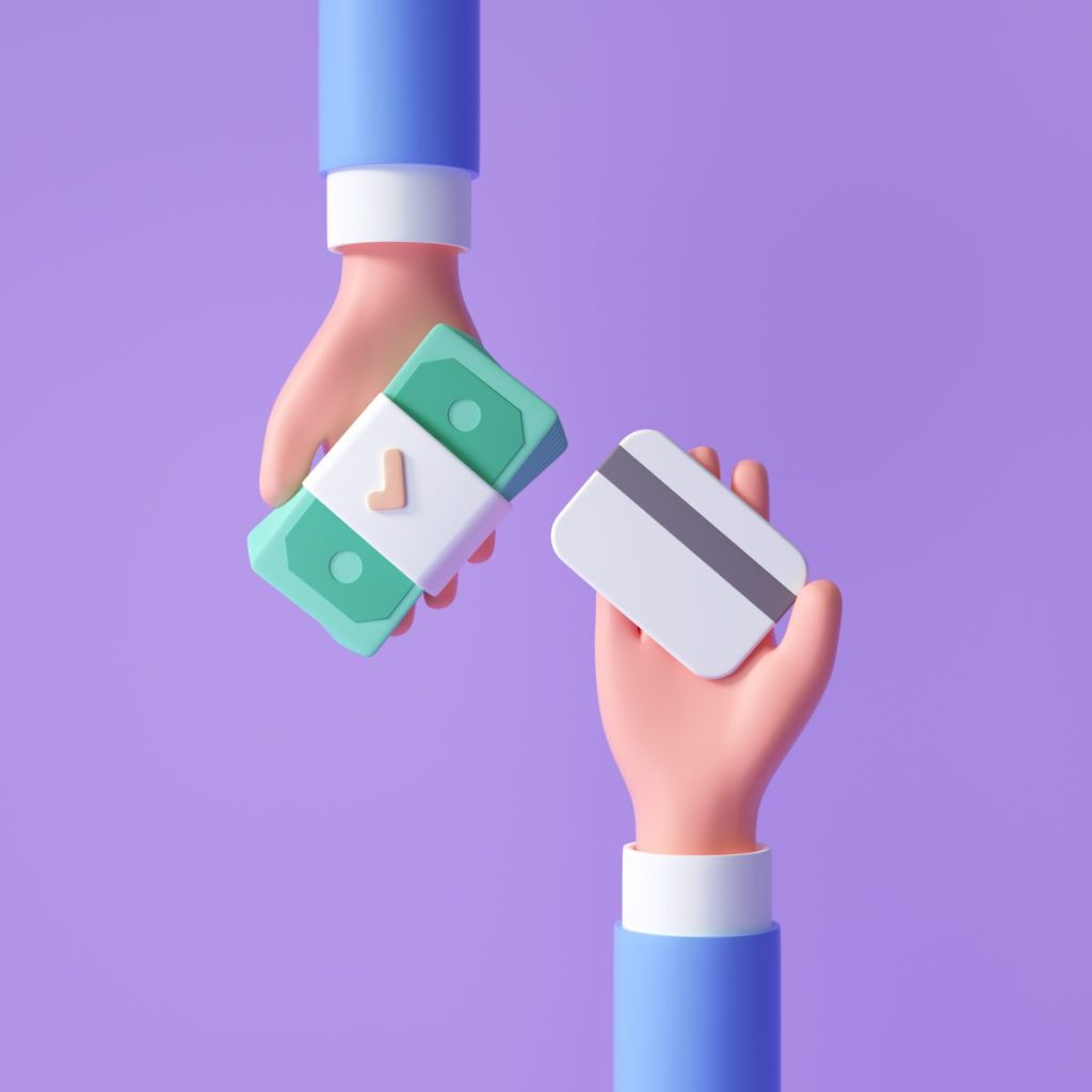 3d cartoon hand swap banknote and credit card for online payment concept. online buying, Cashless society. 3d render illustration