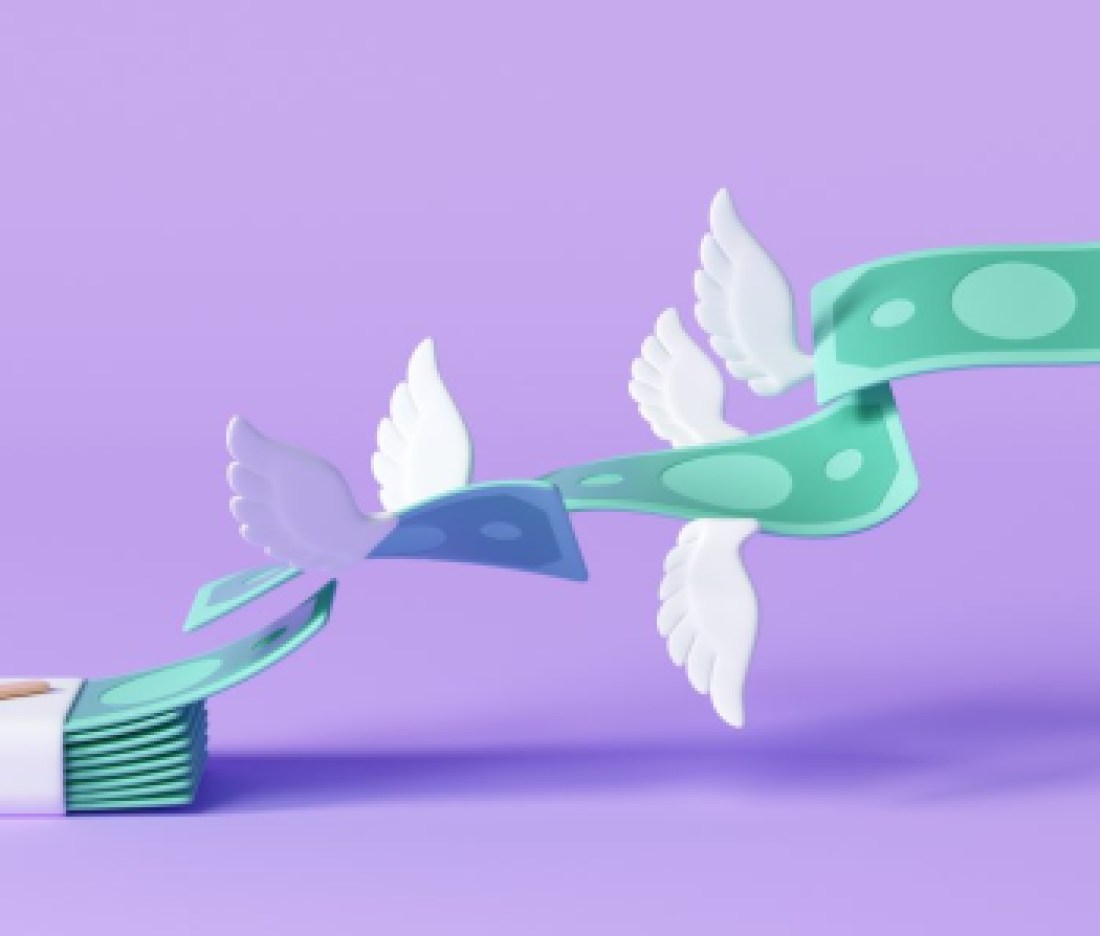 3D Cash flying away, business finance management concept, money spending, money bundle. 3d render illustration