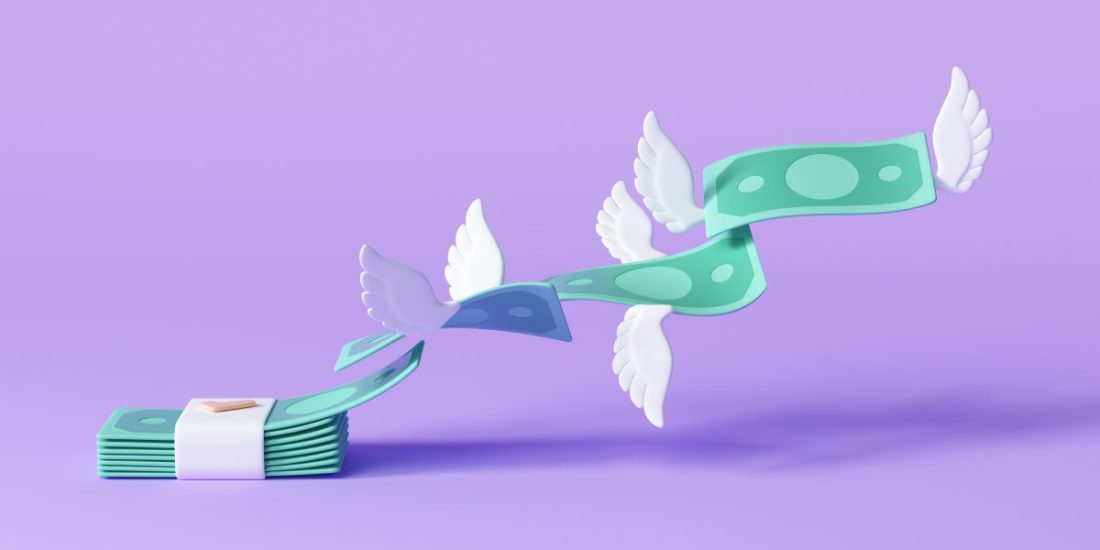3D Cash flying away, business finance management concept, money spending, money bundle. 3d render illustration