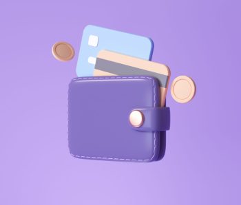 Wallet and Credit card, floating coins around on purple background. money-saving, cashless society concept. 3d render illustration