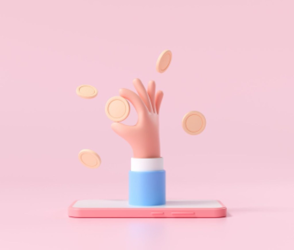 3D Closeup cartoon handhold coin on a smartphone, money-saving, online payment, and money investment concept. 3d render illustration