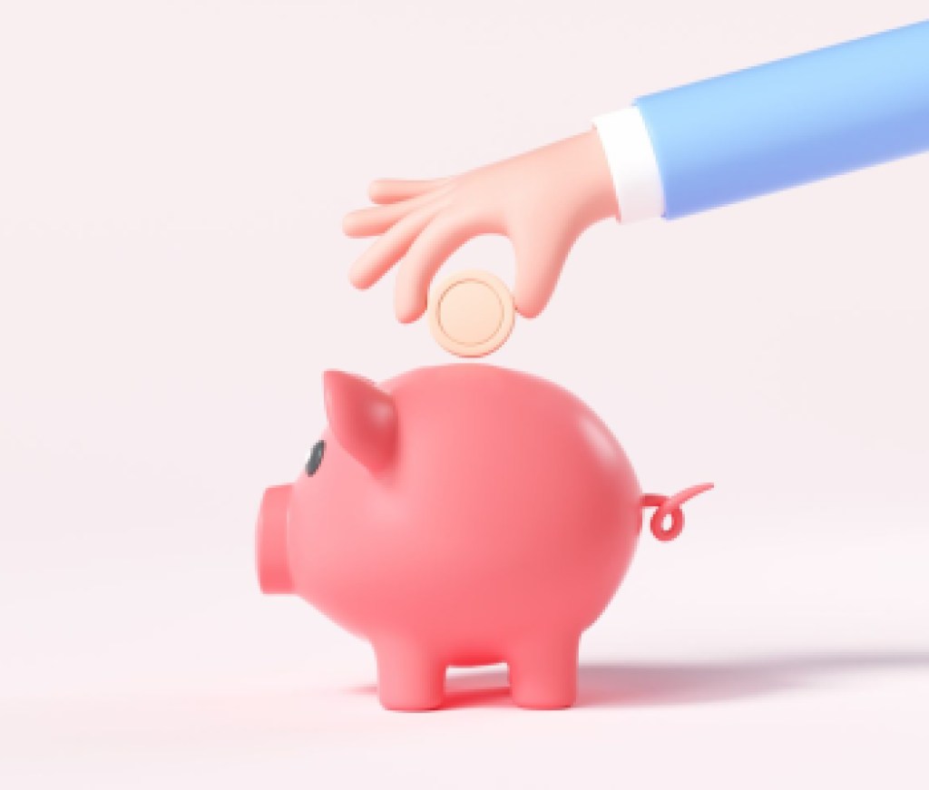 Cartoon Hand putting coin to piggy bank. 3d render illustration