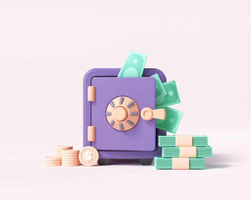 Vault or Safe box with coin stacks, bunch of money, money-saving, and stored money concept. 3d render illustration